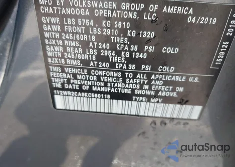 2019 Volkswagen Atlas Se z USA, uszkodzony, nr VIN 1V2WR2CA9KC560115